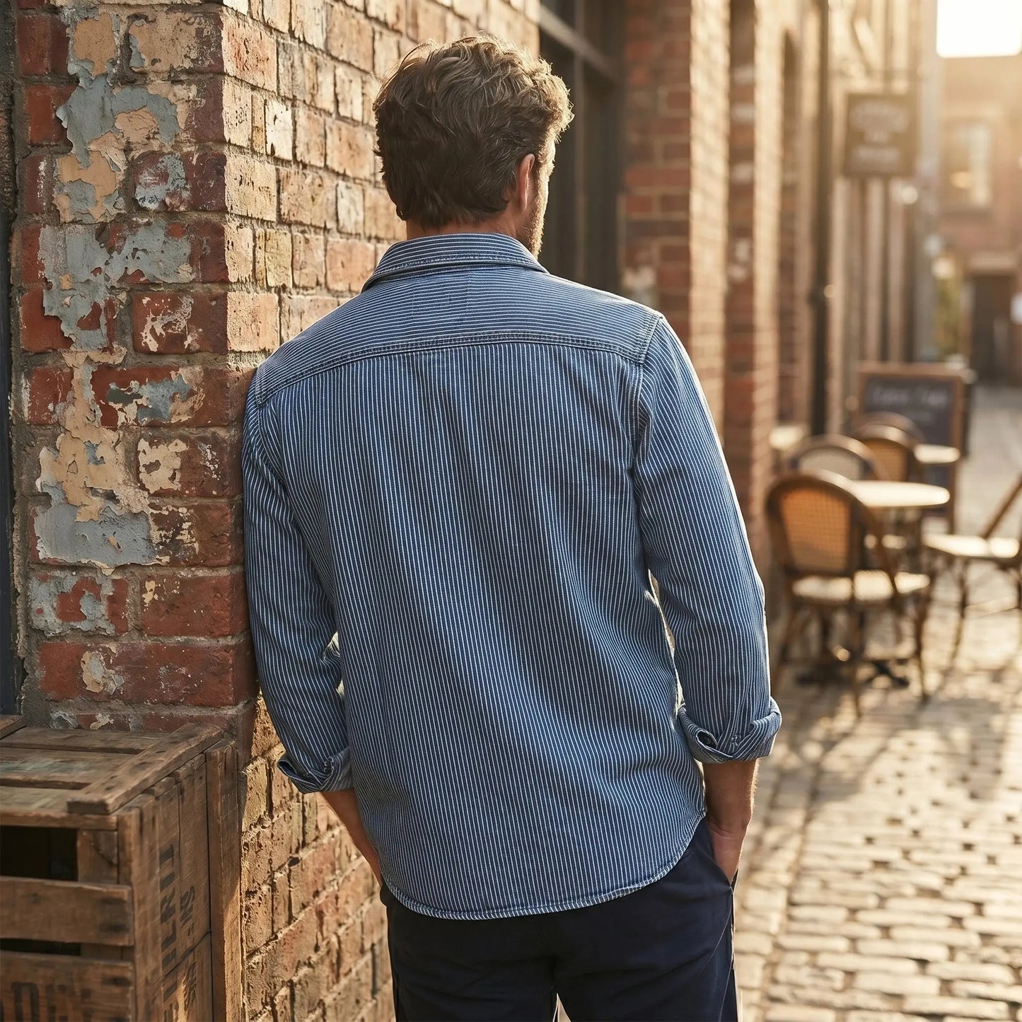 Close up view of the Mens Timeless Striped Denim Shirt showing the fabric texture, detailed stitching, and classic striped pattern for enhanced casual style.