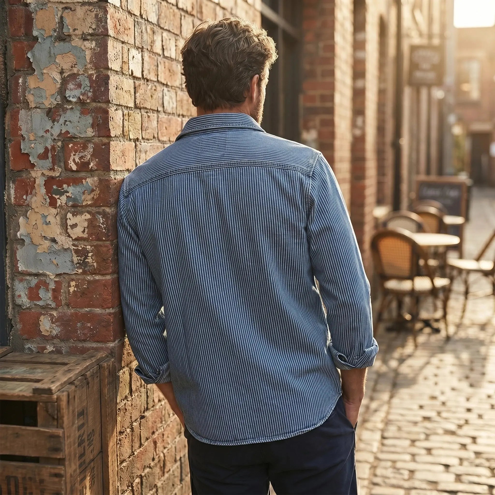 Close up view of the Mens Timeless Striped Denim Shirt showing the fabric texture, detailed stitching, and classic striped pattern for enhanced casual style.