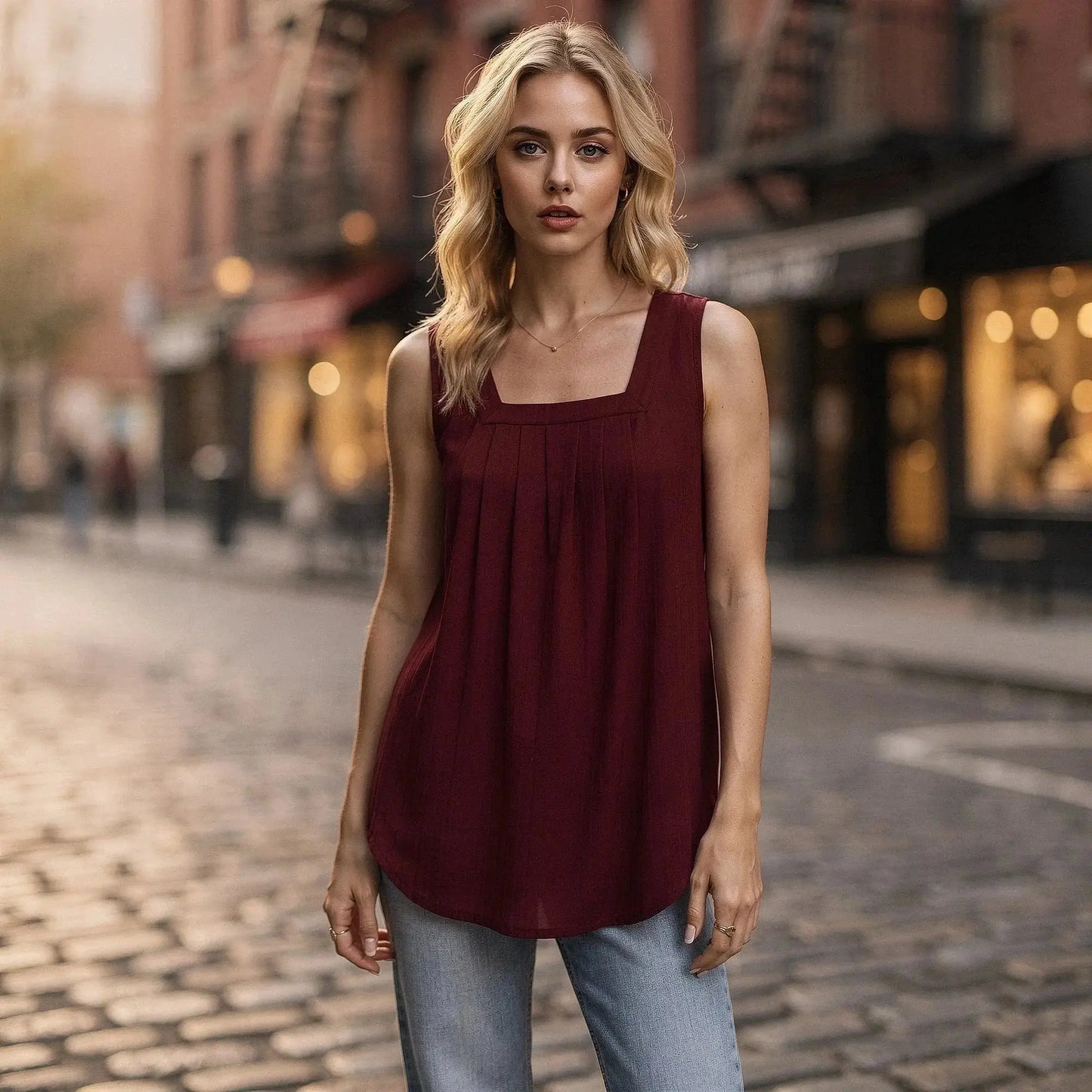 Woman wearing a sleeveless burgundy top with square neckline, standing on a cobblestone street