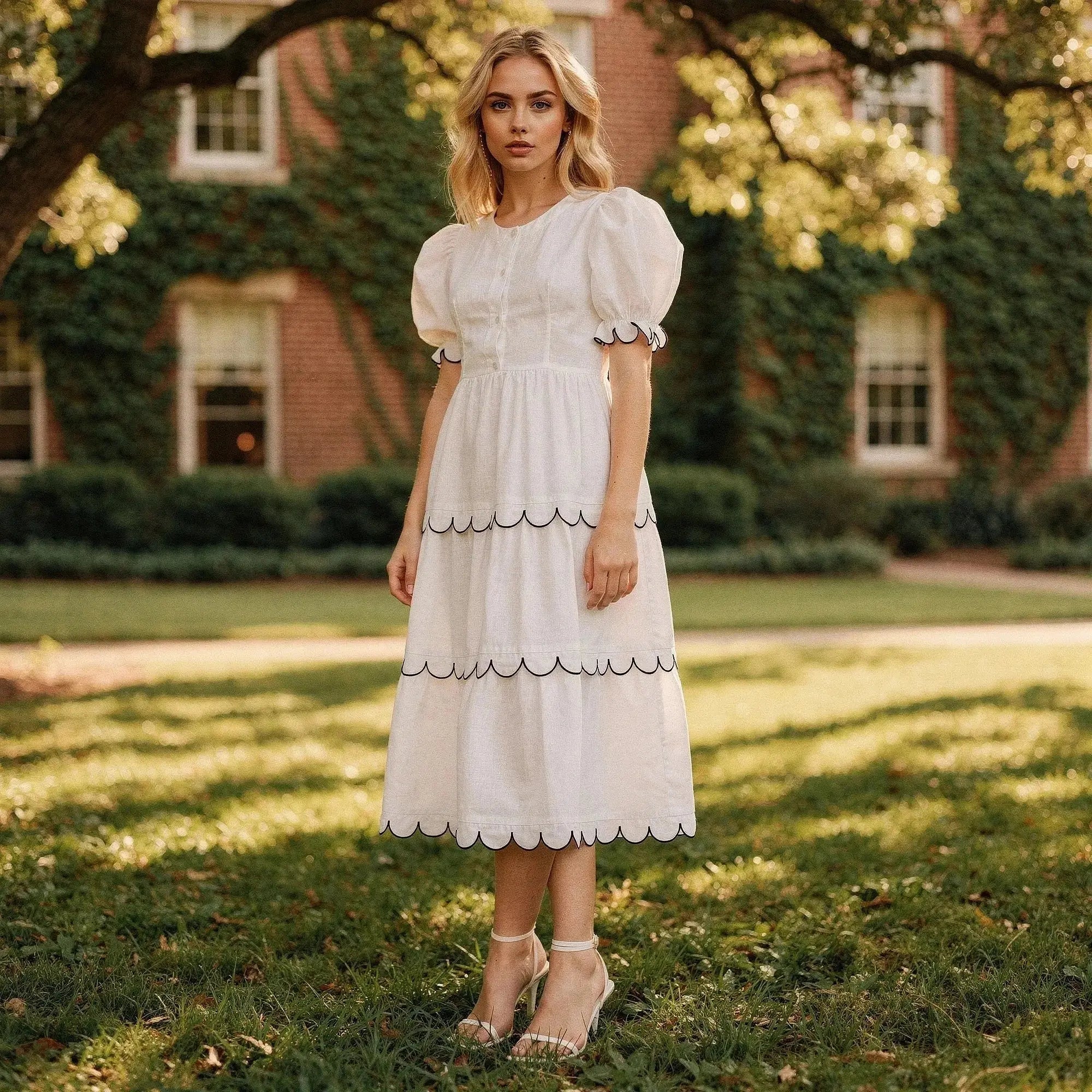 Woman wearing a white A line midi dress with scalloped hem, standing outdoors on grass