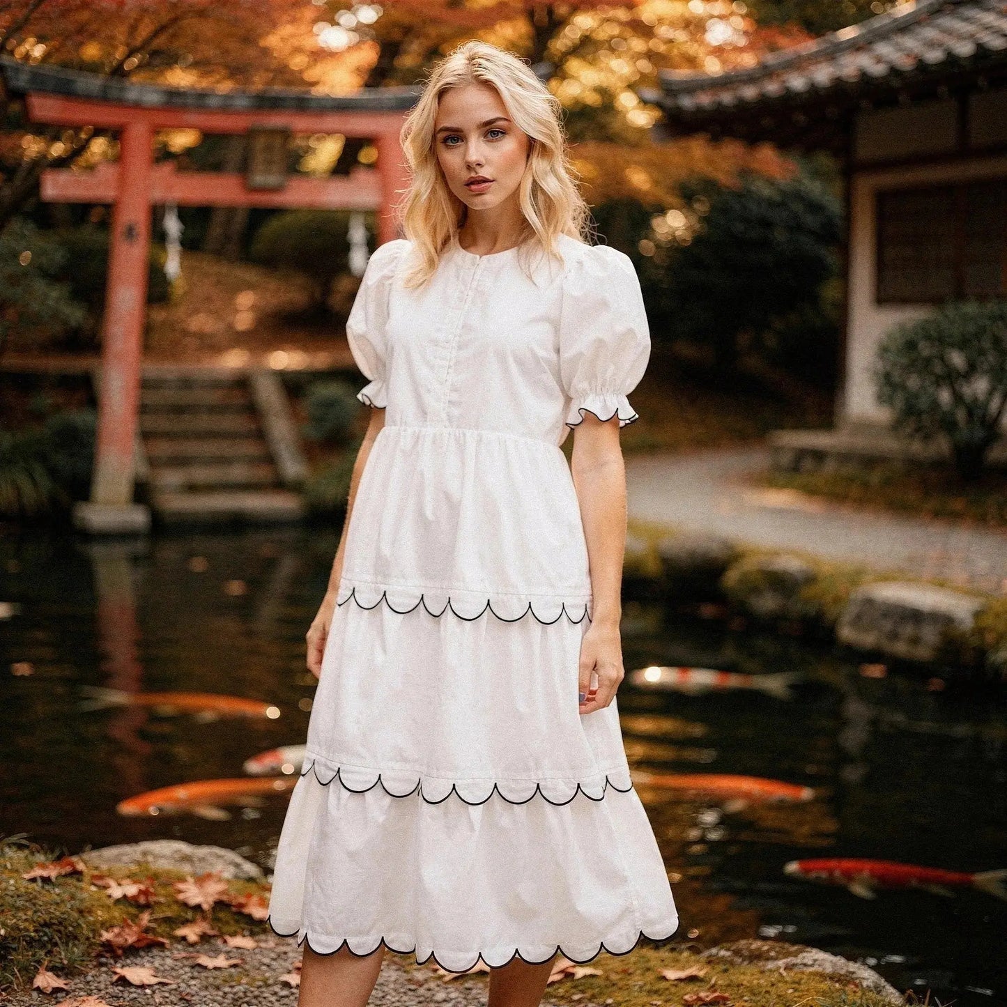 Woman wearing a white midi dress with scalloped hem, standing near a pond with autumn trees