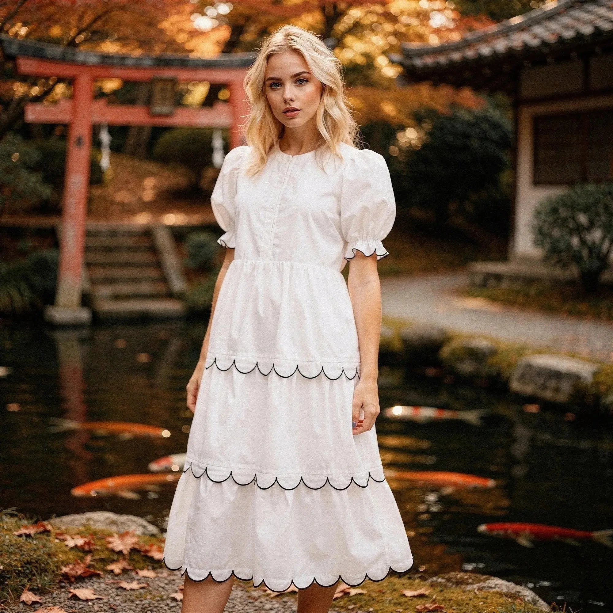 Woman wearing a white midi dress with scalloped hem, standing near a pond with autumn trees