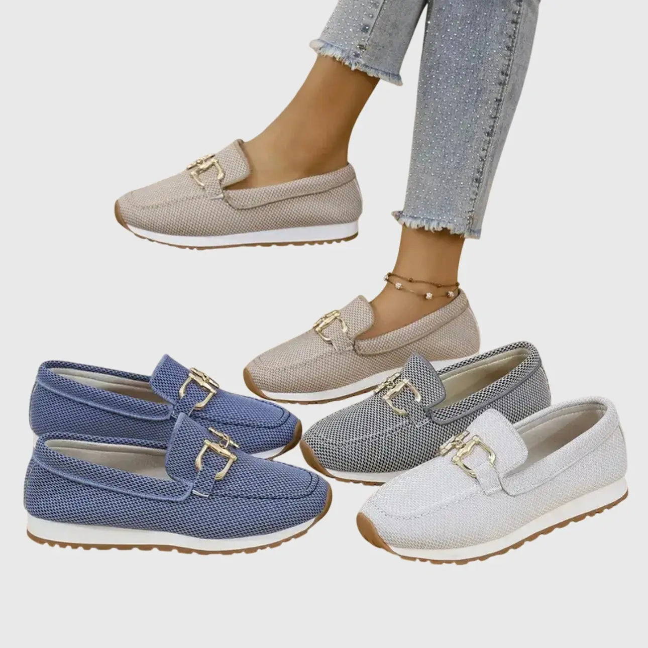 View of chic women's slip on loafers in soft beige suede with a sleek design and subtle stitching accents
