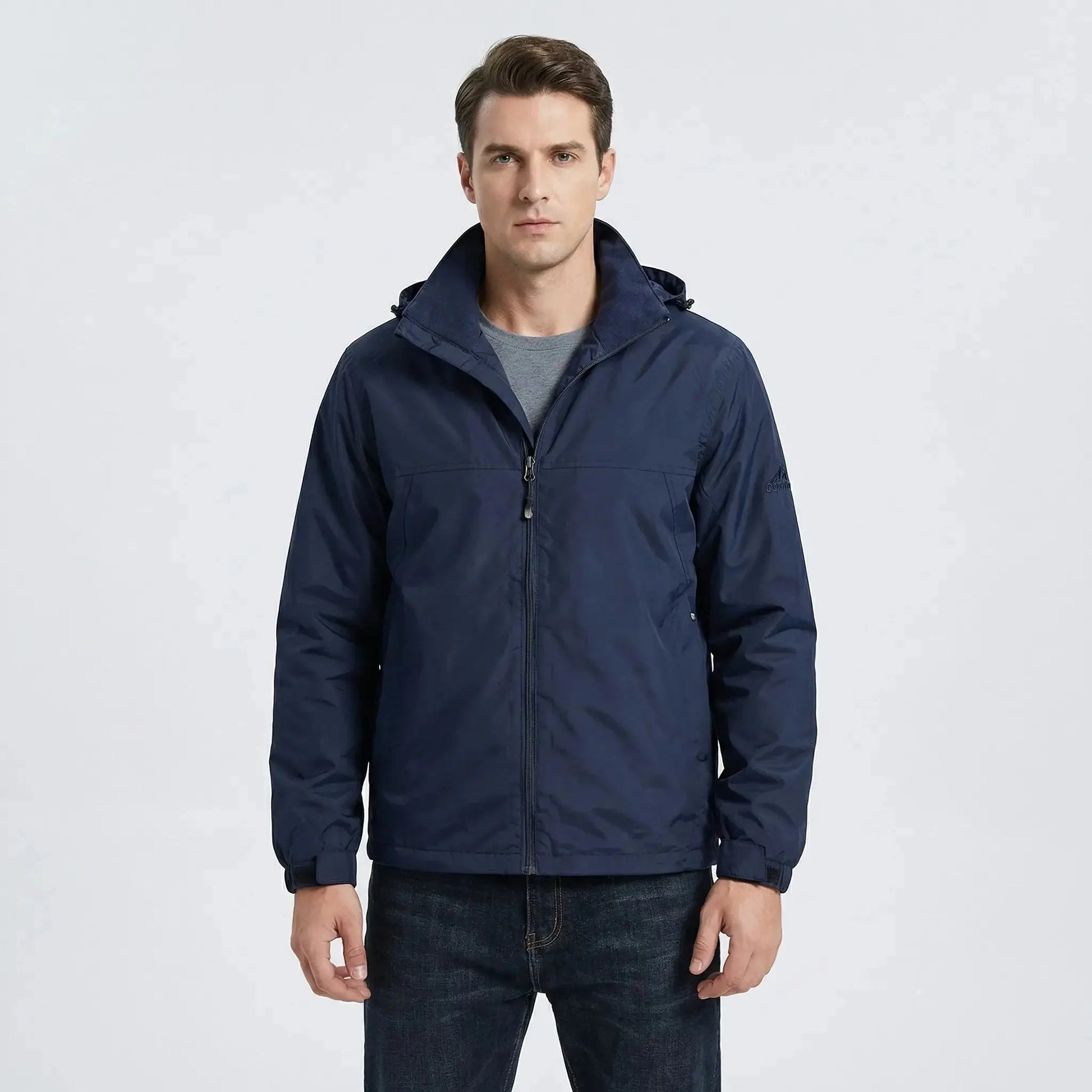 View of a sleek autumn jacket in deep green, featuring a smooth fabric and a tailored fit with a high collar
