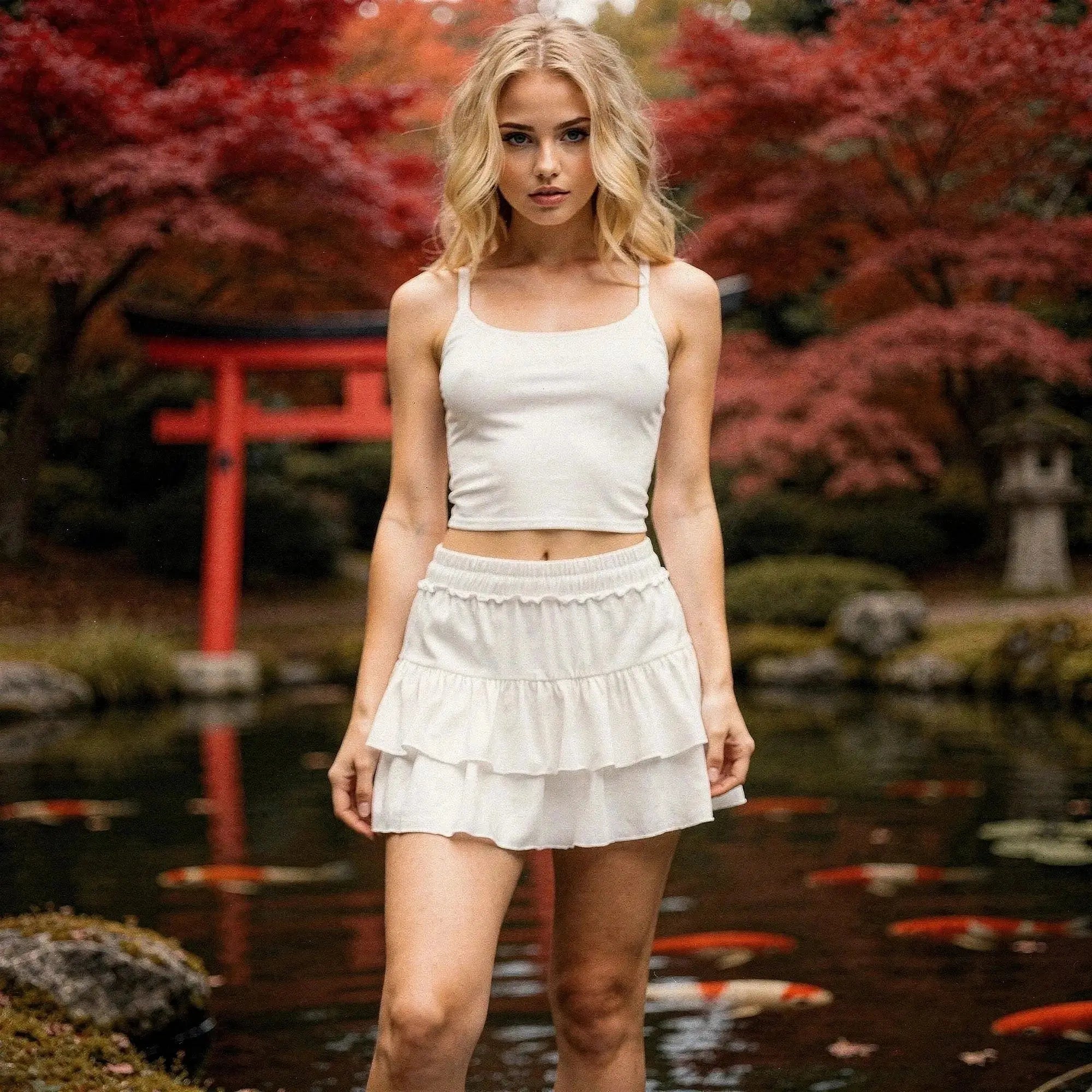 Woman wearing a white ruffle mini skirt with shorts, standing