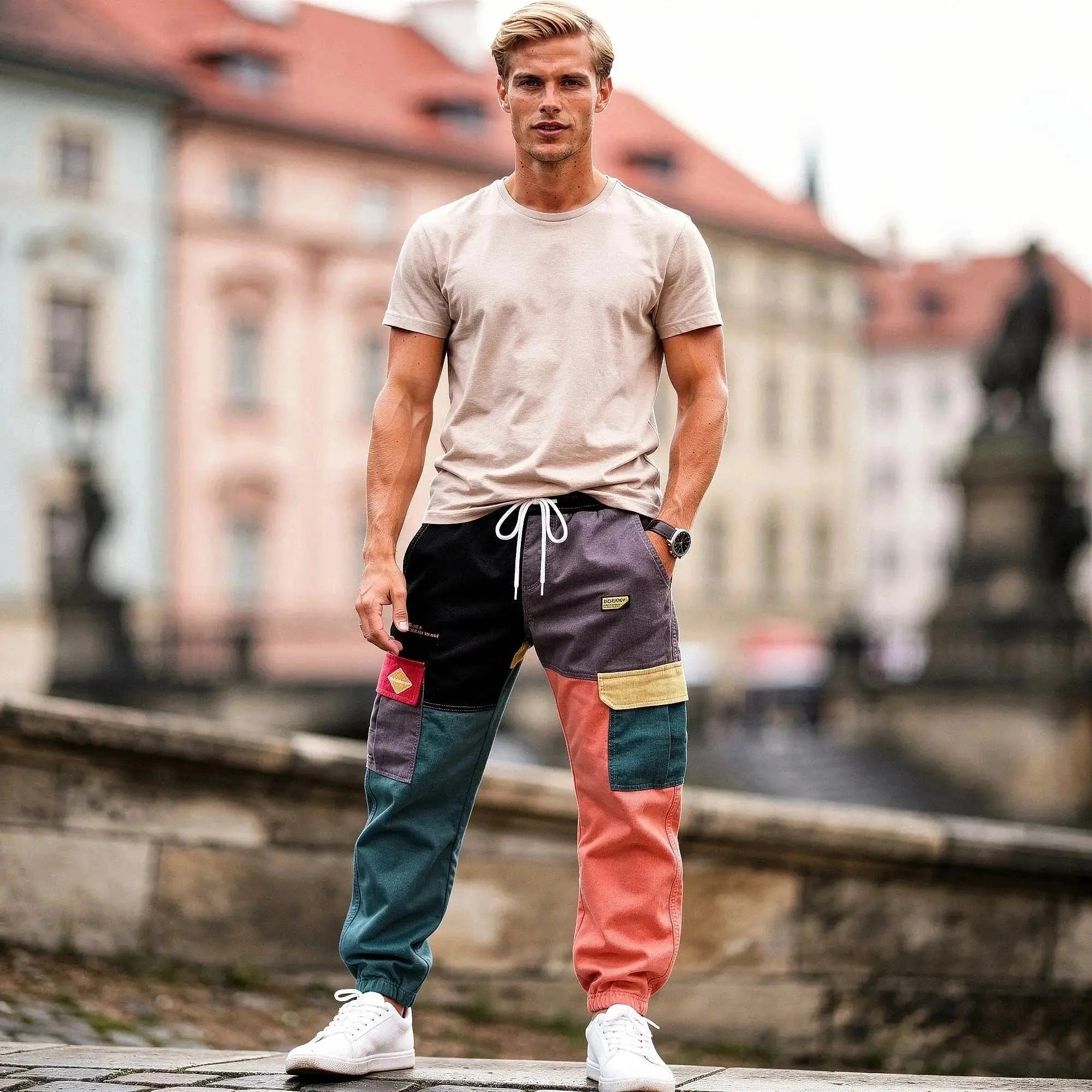 Man wearing multicolored patchwork cargo joggers with drawstring waist, standing outdoors on cobblestone street
