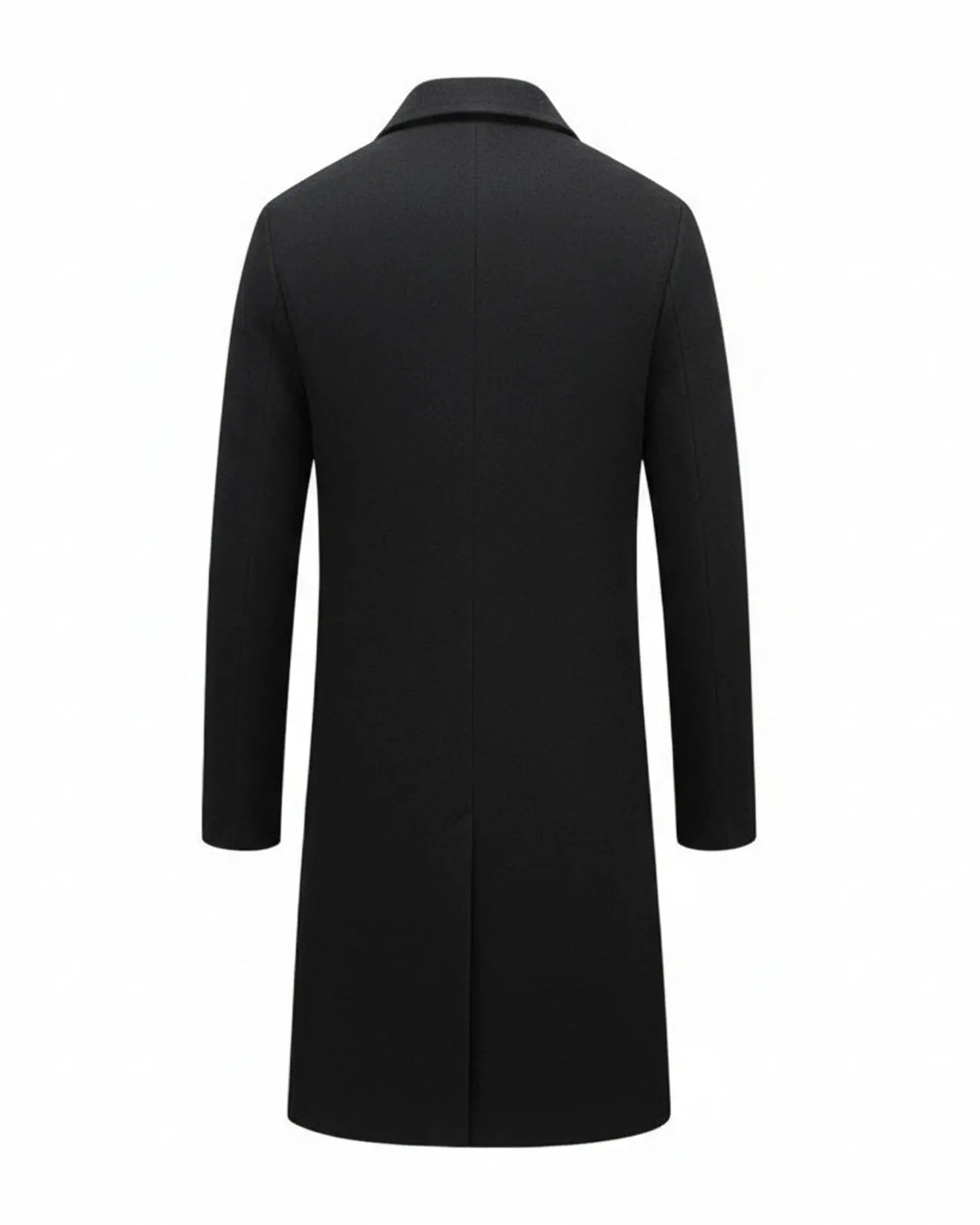 View of a classic formal overcoat in charcoal gray, featuring a tailored fit and smooth wool blend fabric