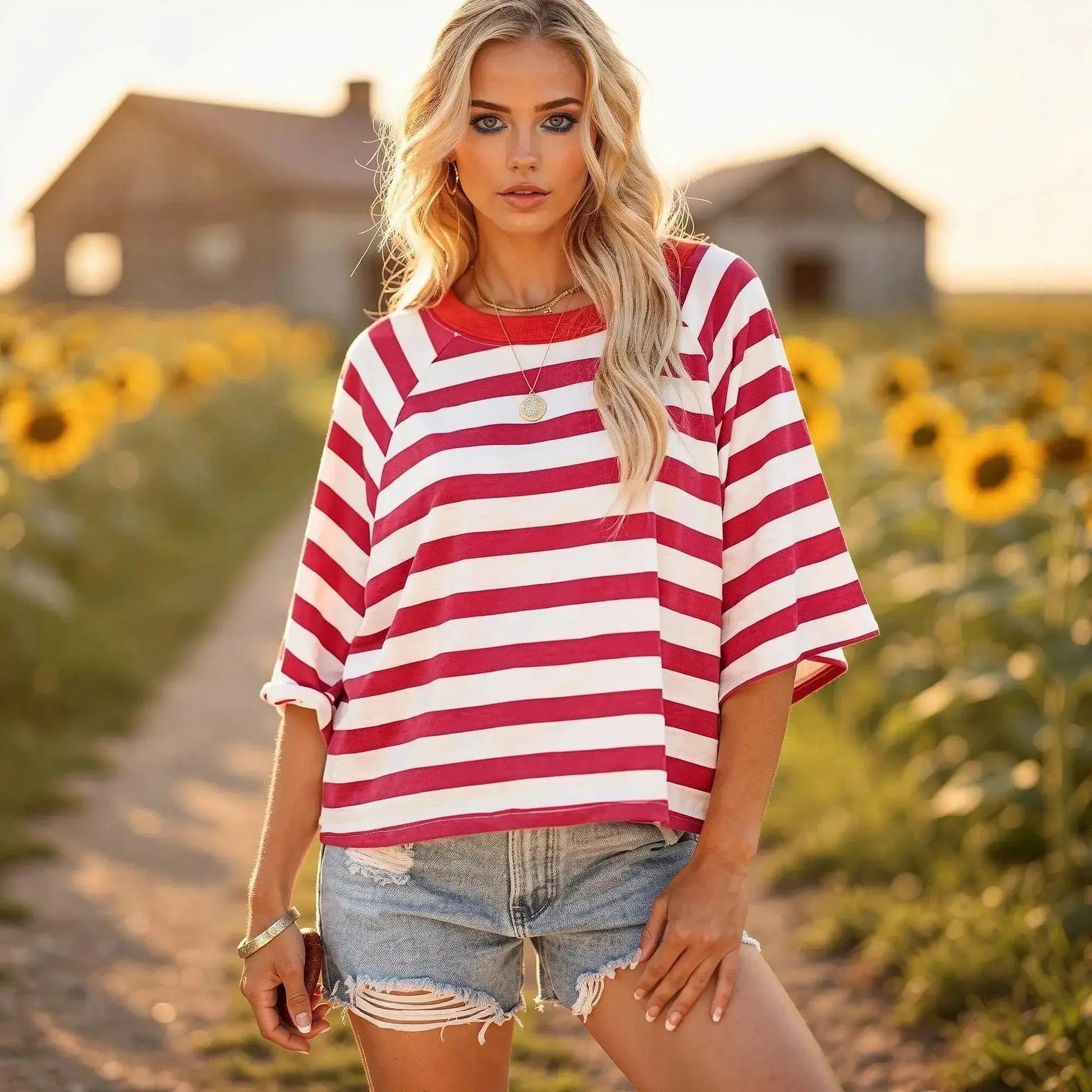 Woman wearing red and white striped top with short sleeves, paired with distressed denim shorts