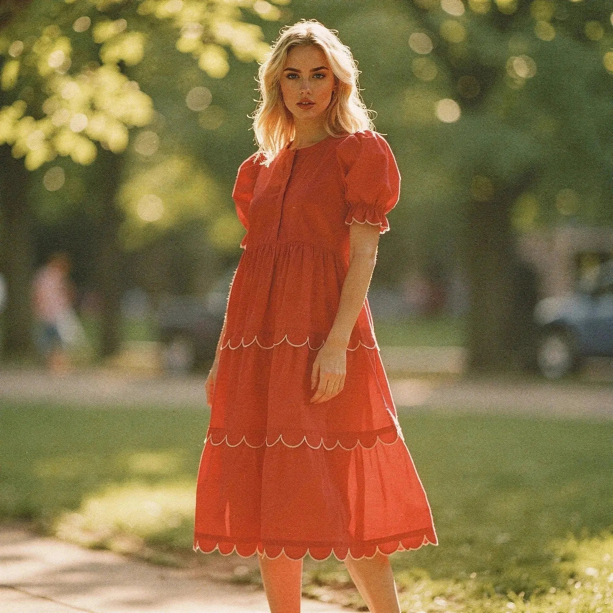 Woman wearing red A line midi dress with scalloped edges, standing outdoors in a park setting