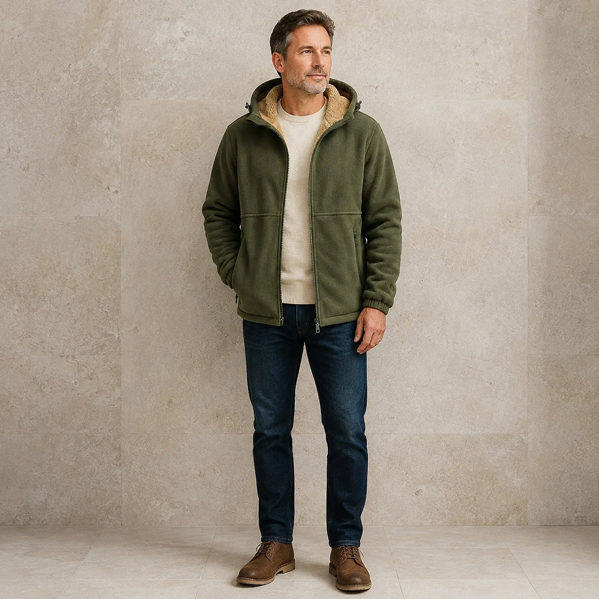 Joakim Caramel Teddy Lined Hooded Jacket Blå front view — view 4