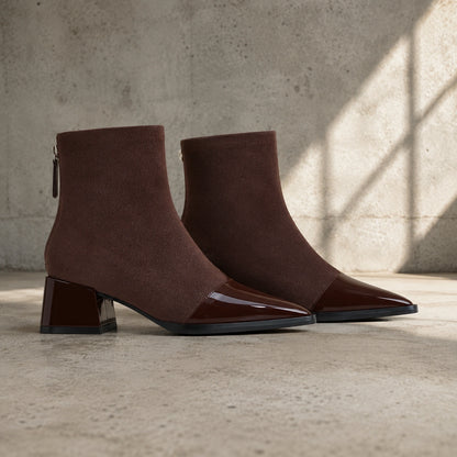 Rikke Dark Brown Suede Boots with Glossy Details Brun side view — view 3