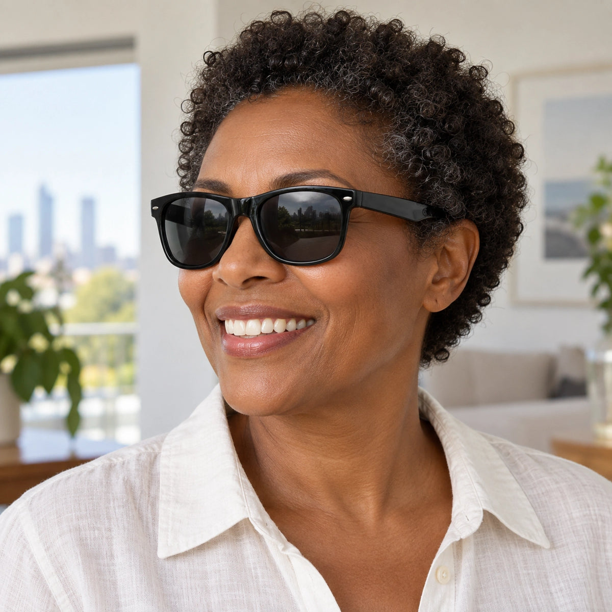 sunglasses — Black Charcoal eyewear worn by an adult model; angle — view 5