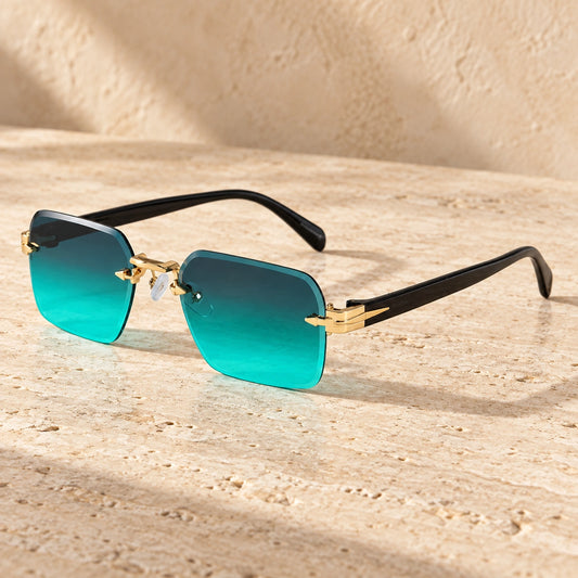 sunglasses — Gold Turquoise Gradient eyewear, complete individual pair on a warm neutral stone surface — view 2