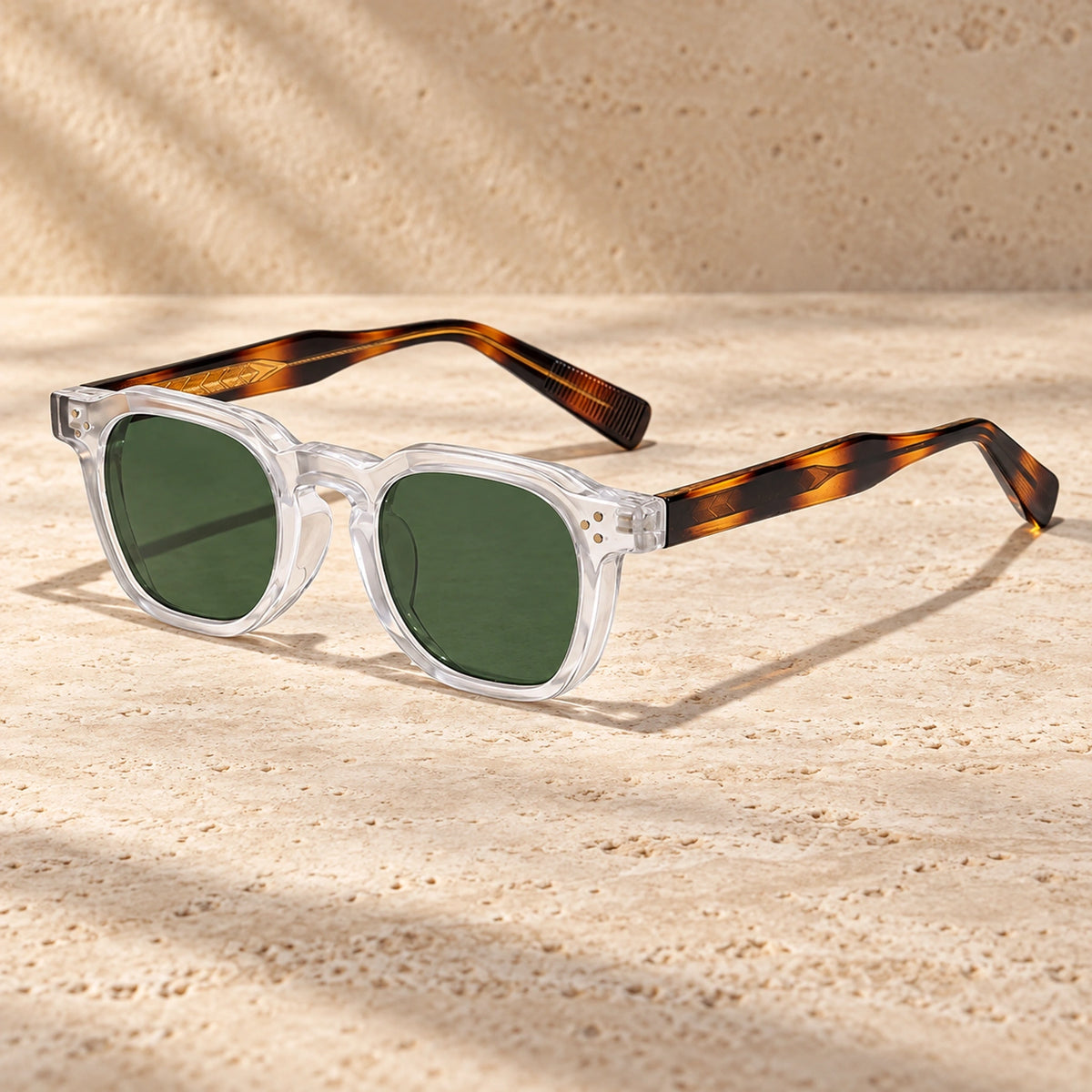 sunglasses — Noah square eyewear in Clear Tortoiseshell Green, one complete pair shown a single photograph, front — view 28