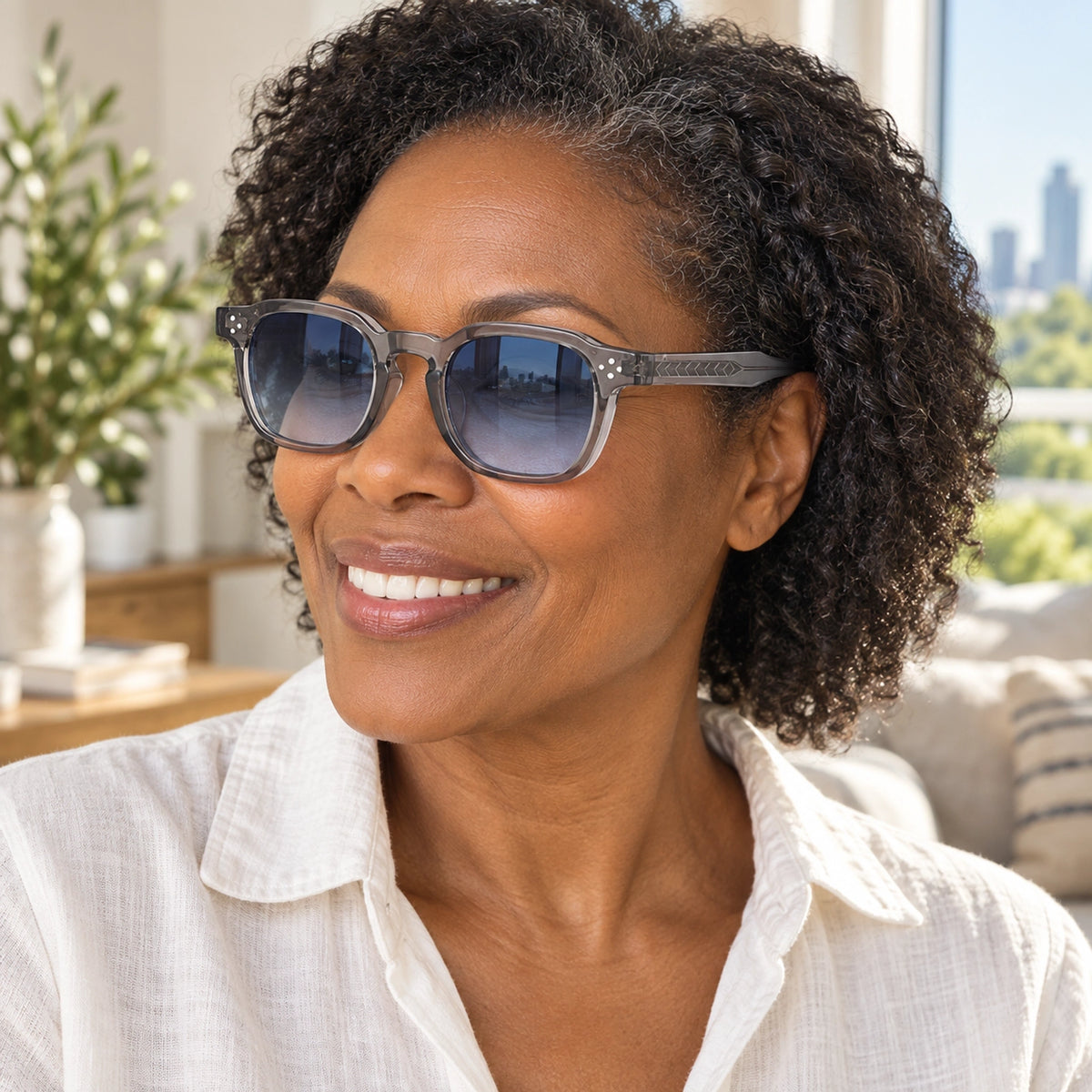 sunglasses — Noah square eyewear in Grey Blue Gradient, worn by a happy adult model, angle — view 31