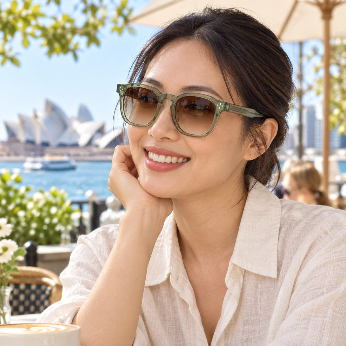 sunglasses — Noah square eyewear in Sage Brown Gradient, worn by a happy adult model — view 32