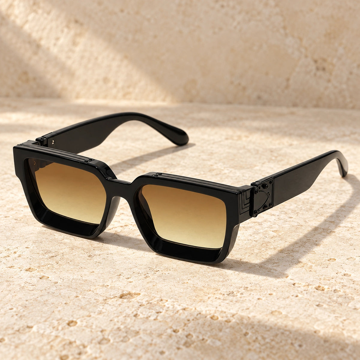 Small Black Brown Gradient sunglasses, complete pair on a warm neutral stone surface. — view 10