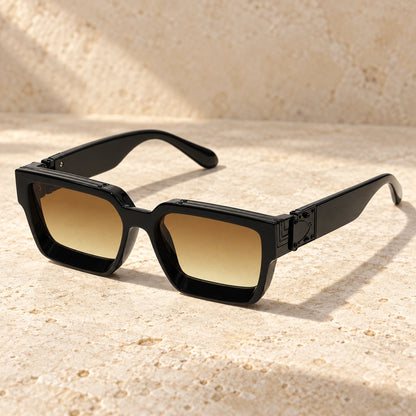 Small Black Brown Gradient sunglasses, complete pair on a warm neutral stone surface. — view 10