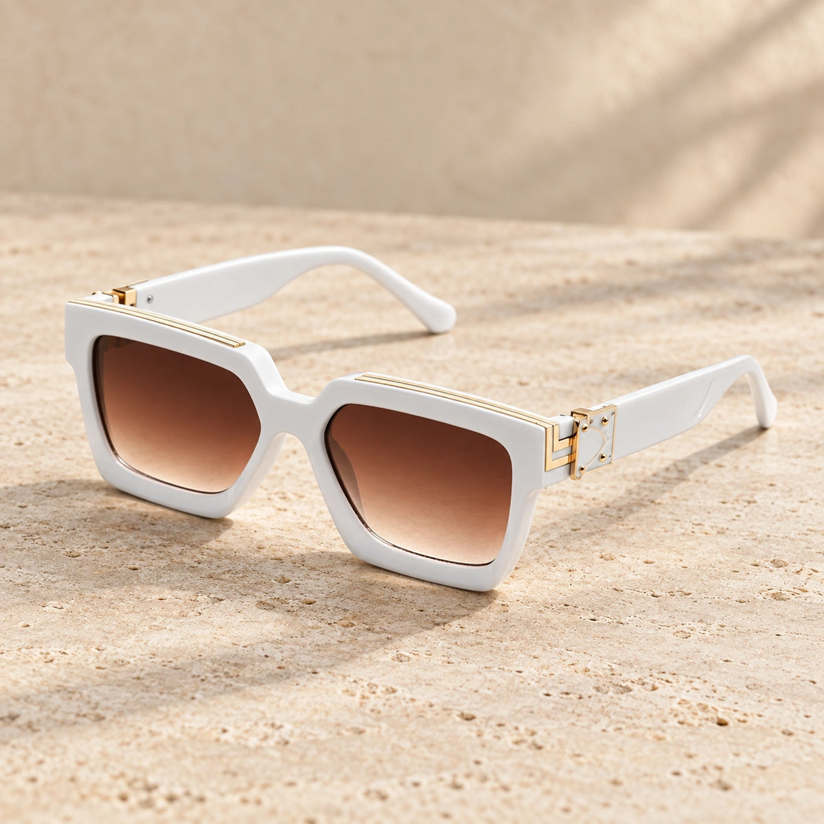 Medium White Brown Gradient sunglasses, complete pair on a warm neutral stone surface. — view 15