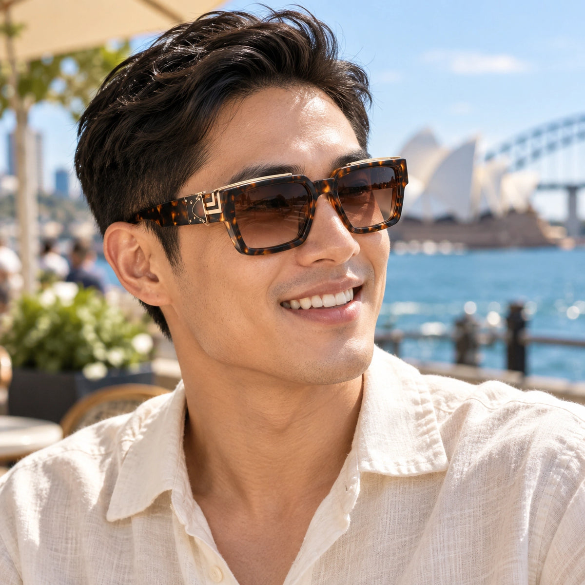 Small Tortoiseshell Brown Gradient sunglasses worn by an adult model,. — view 17