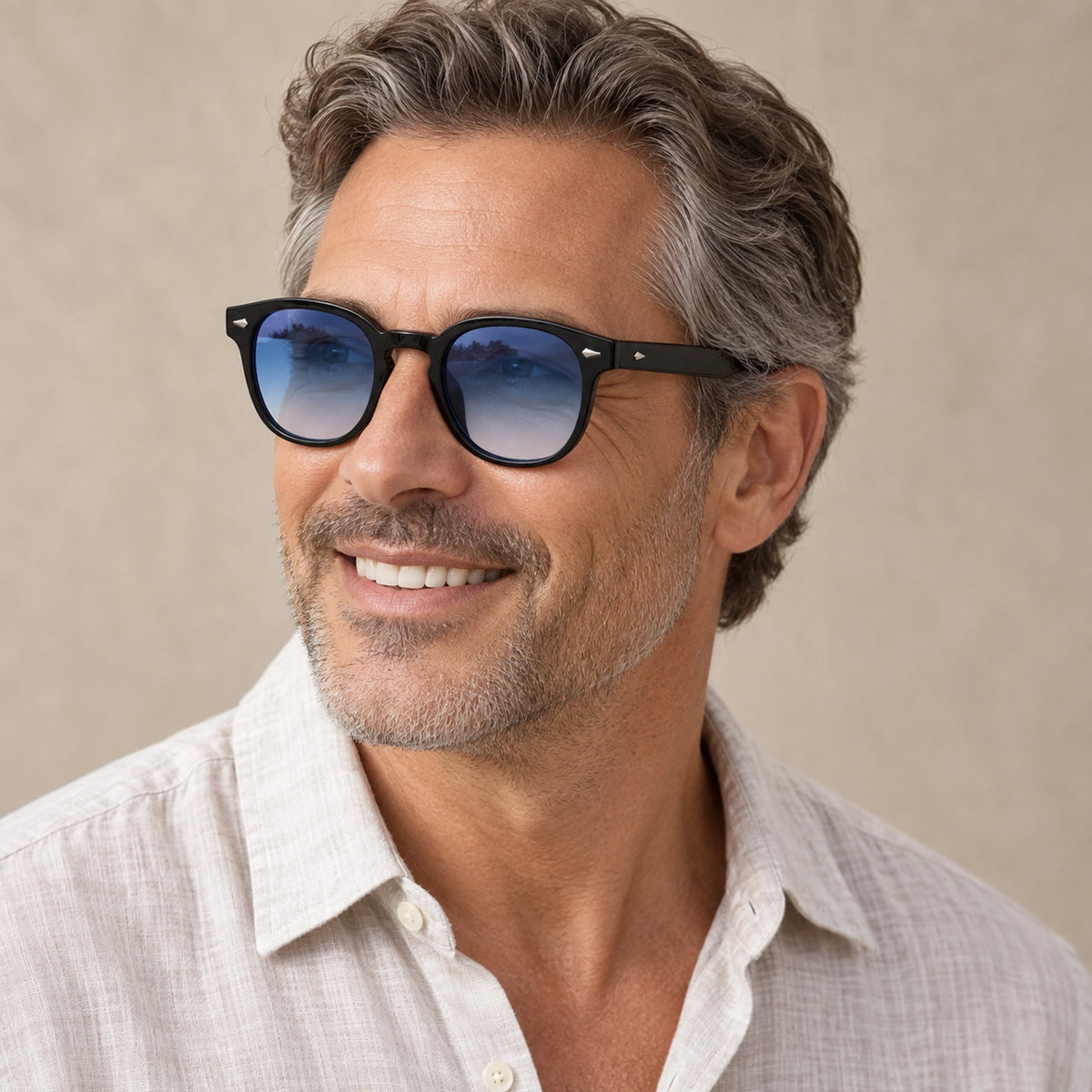 sunglasses — Jack rounded square eyewear in Black Blue Gradient, worn by a happy adult model