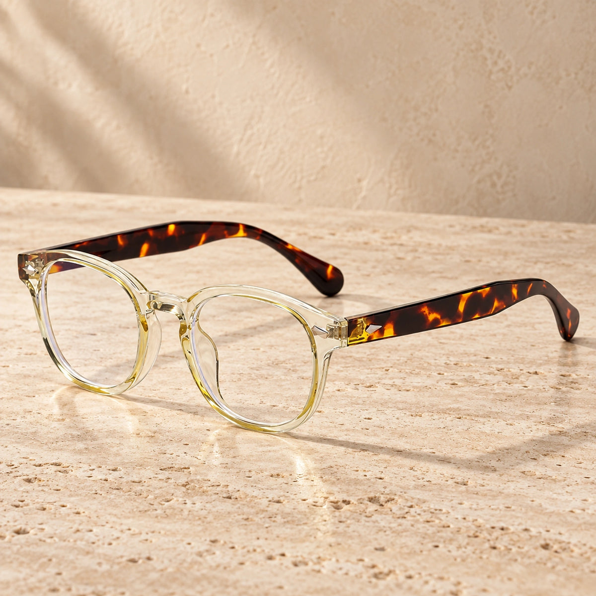 sunglasses — Jack rounded square eyewear in Champagne Tortoiseshell Clear, complete pair shown individually, front — view 11