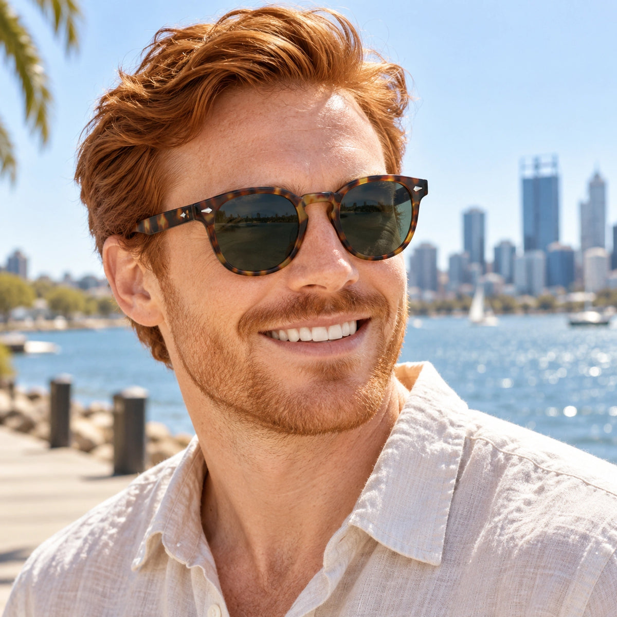 sunglasses — Jack rounded square eyewear in Tortoiseshell Green, worn by a happy adult model — view 32